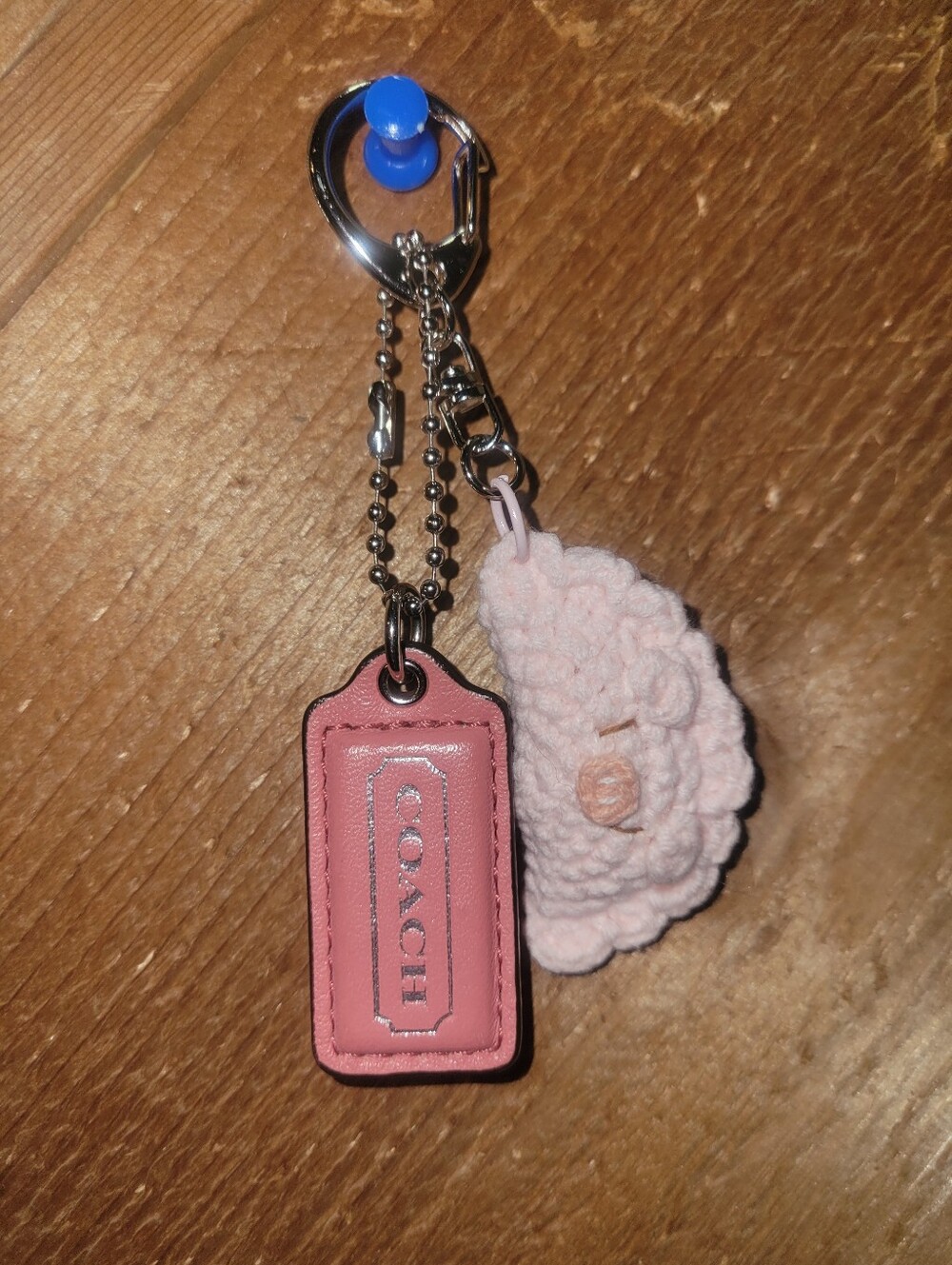 Coach Pink Leather Hangtag with Handmade Crochet Pig Charm